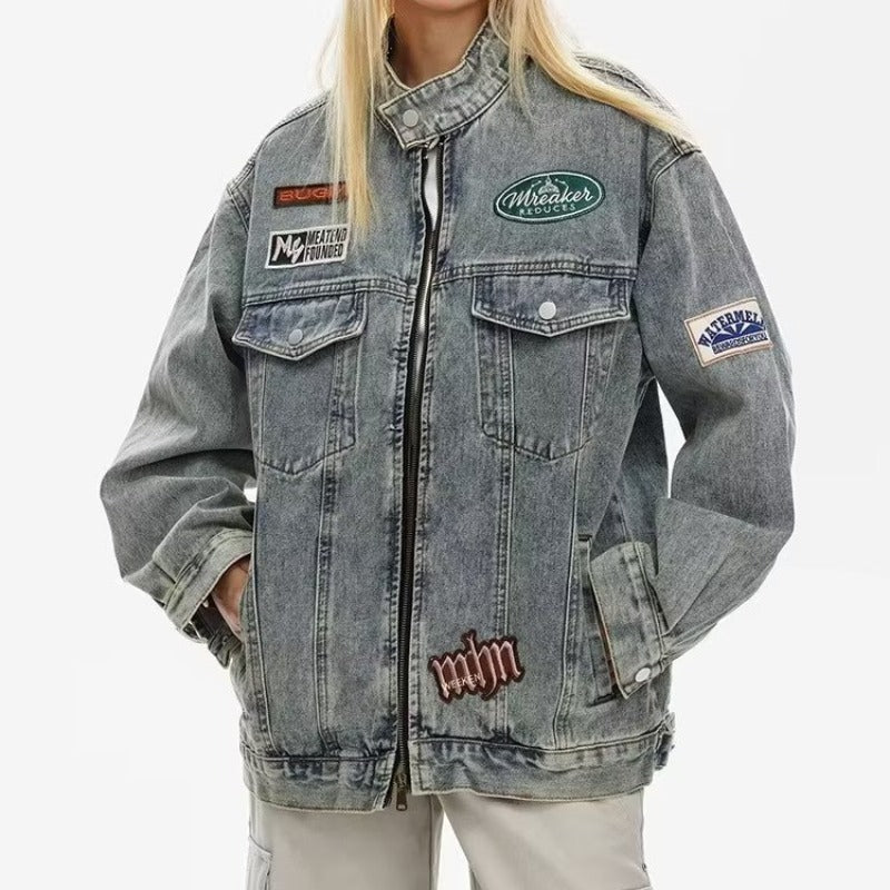 Y2K Vintage Washed Spliced Denim Zip‑Up Jacket Streetwear Unisex