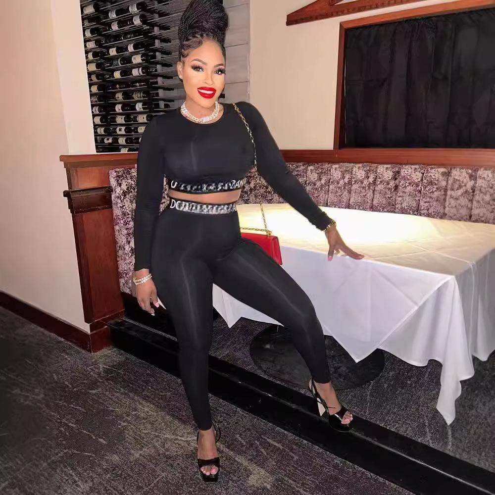 Y2K Long Sleeve Crop Top High Waist Legging 2 Piece Set