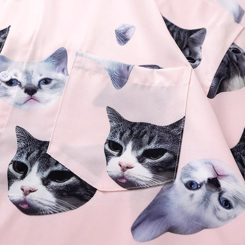 Collared Cat Print Open Front Tropical Short Sleeve Beach Shirt