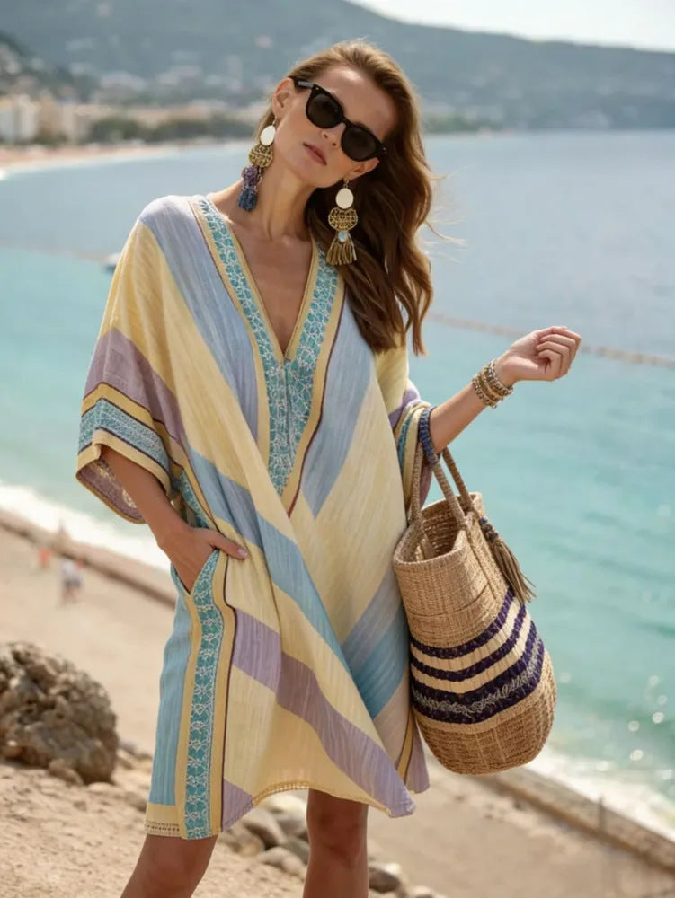 Women Boho Geometric Print V Neck Loose Kaftan Maxi Beach Dress