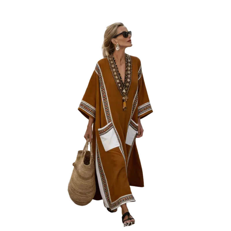 Women Boho Border Print V Neck Loose Kaftan Maxi Beach Dress