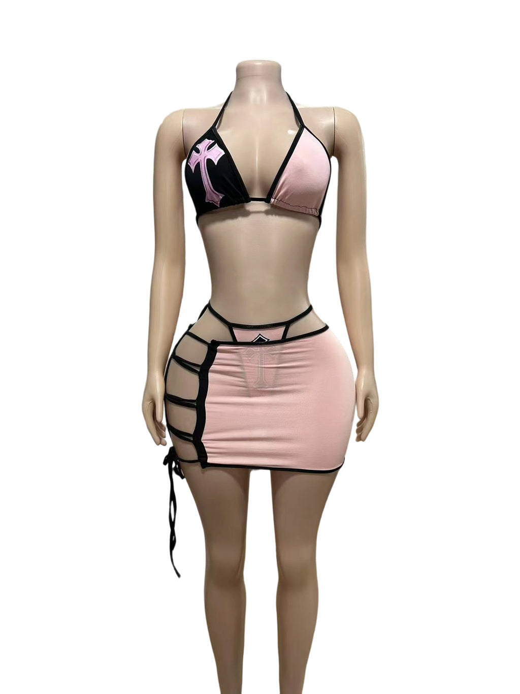 Y2K Cross Patch Halter Bikini Lace Up Mini Skirt 3 Piece Set