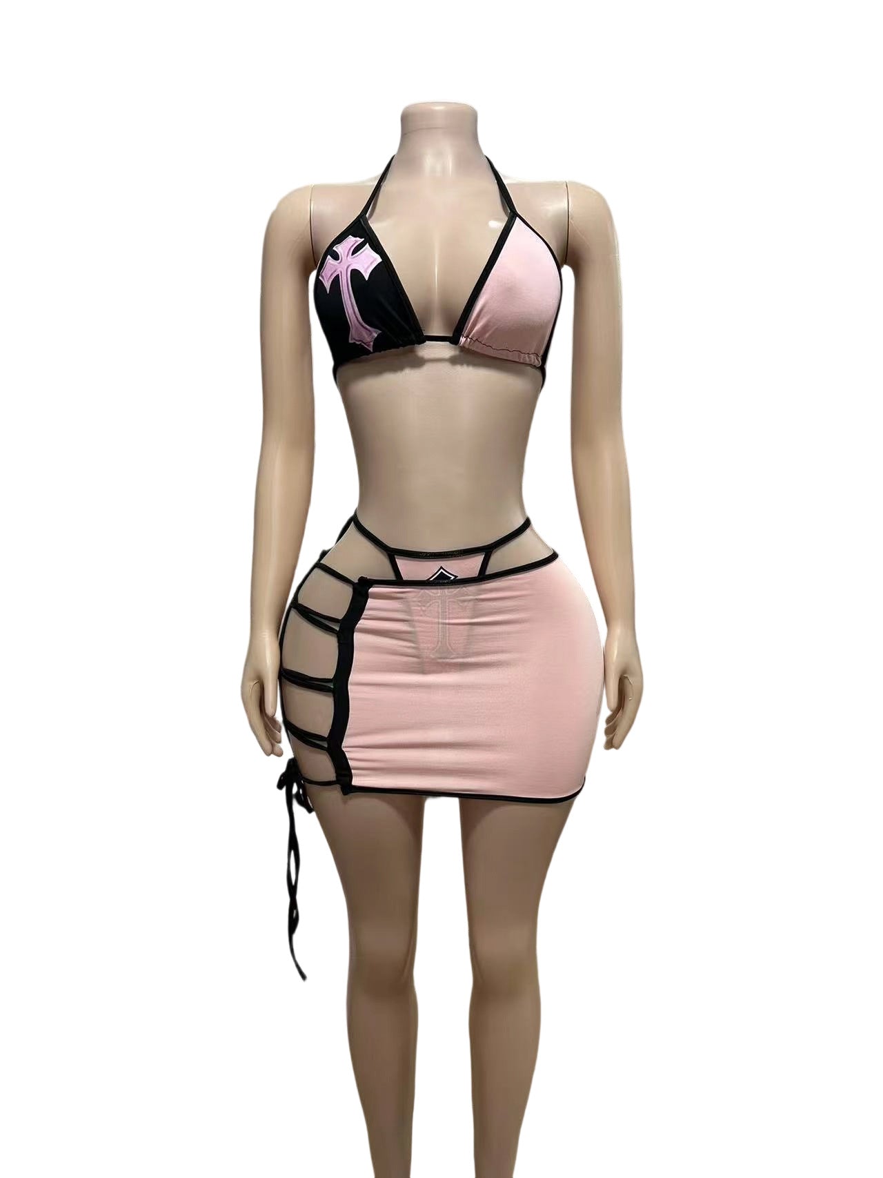 Y2K Cross Patch Halter Bikini Lace Up Mini Skirt 3 Piece Set