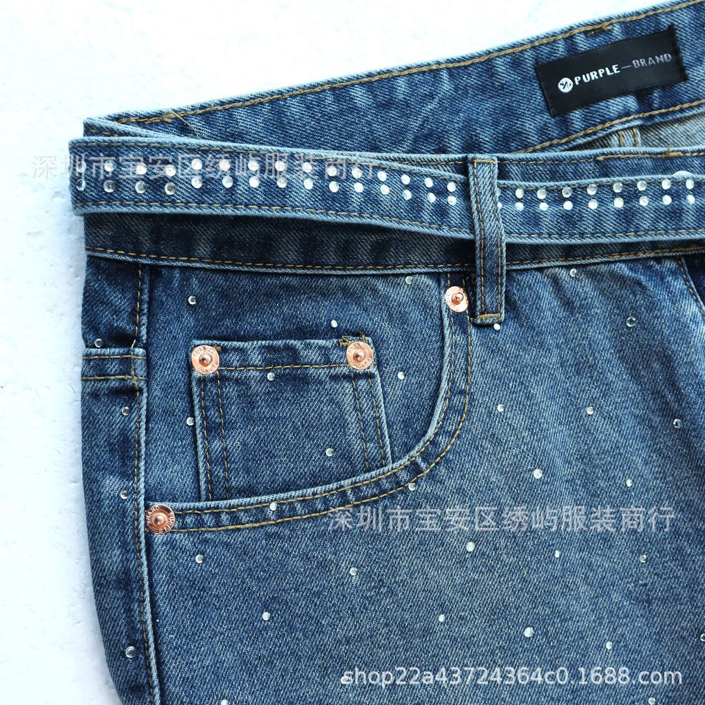 Purple Brand Rhinestone Wide Leg Denim Jeans Unisex