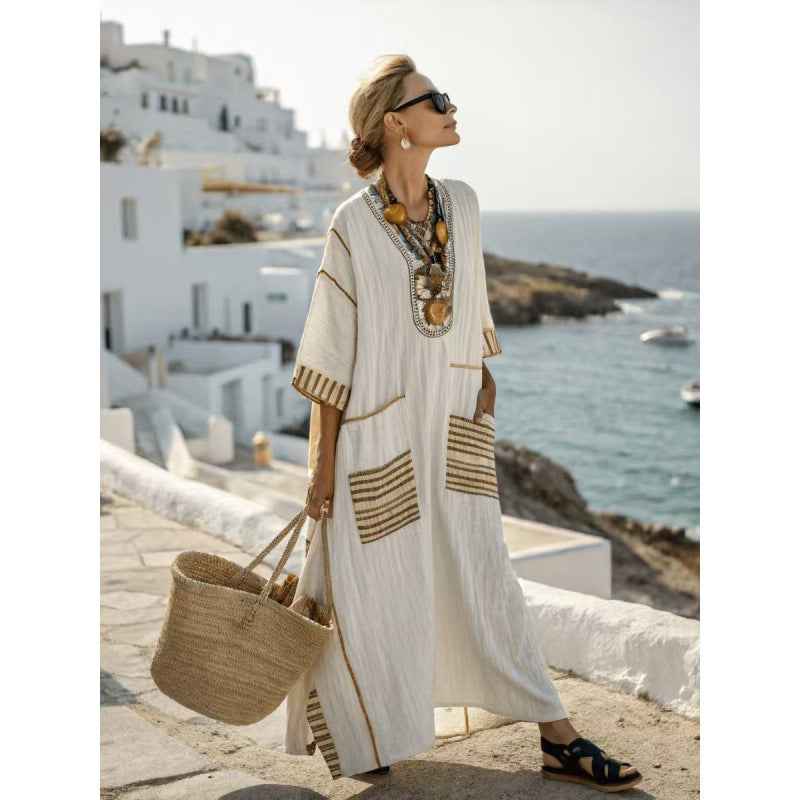 Women Boho Striped Embroidery V Neck Loose Kaftan Maxi Beach Dress