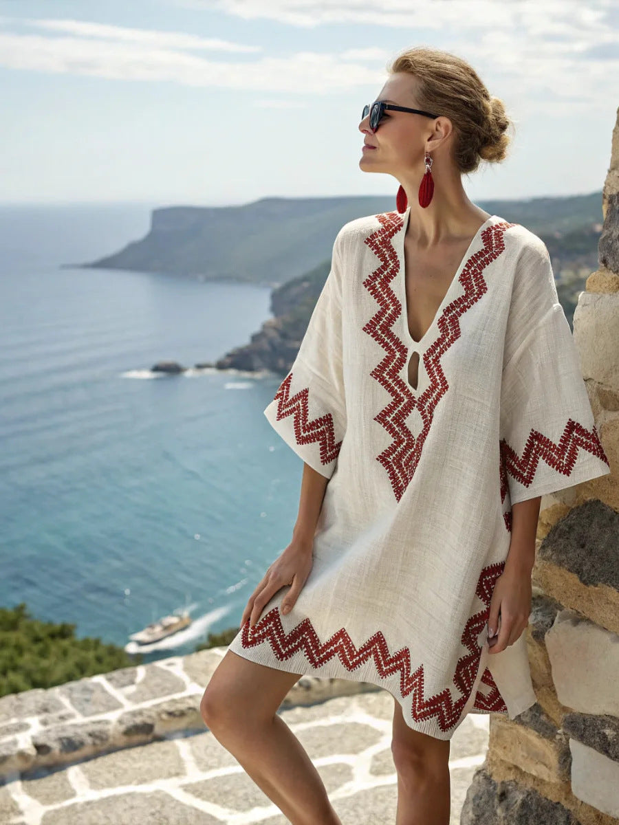 Women Boho Vertical Striped V Neck Loose Short Kaftan Beach Dress