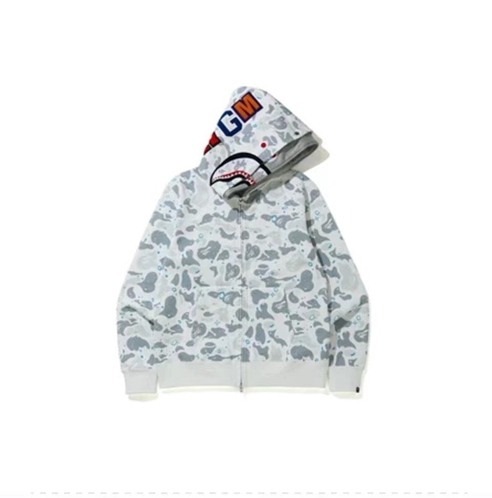 BAPE Double Hood Shark Tiger Camo Embroidered Zip Hoodie