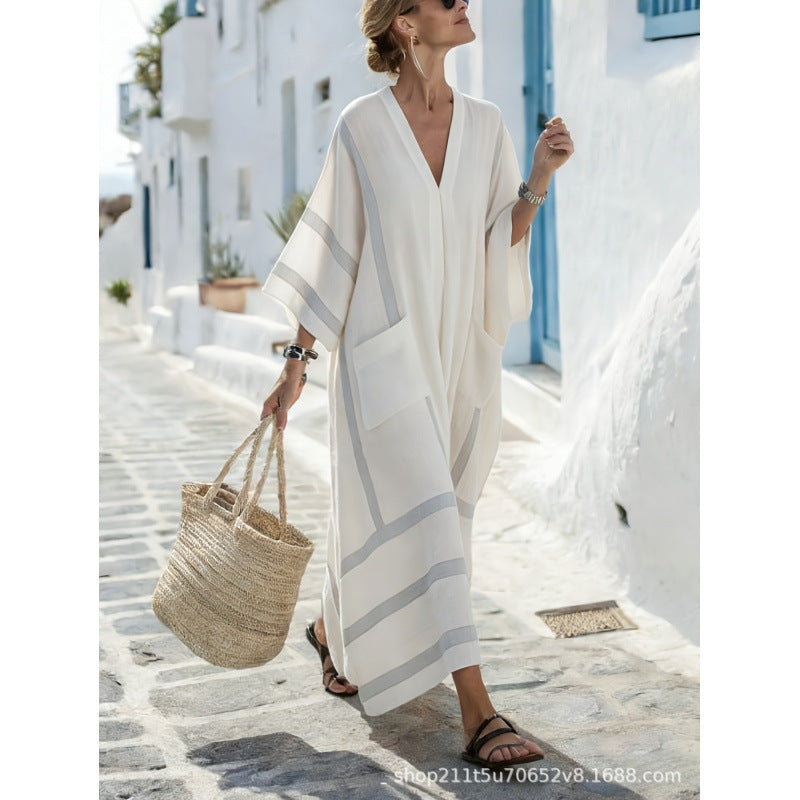 Women Boho Border Print V Neck Loose Kaftan Maxi Beach Dress