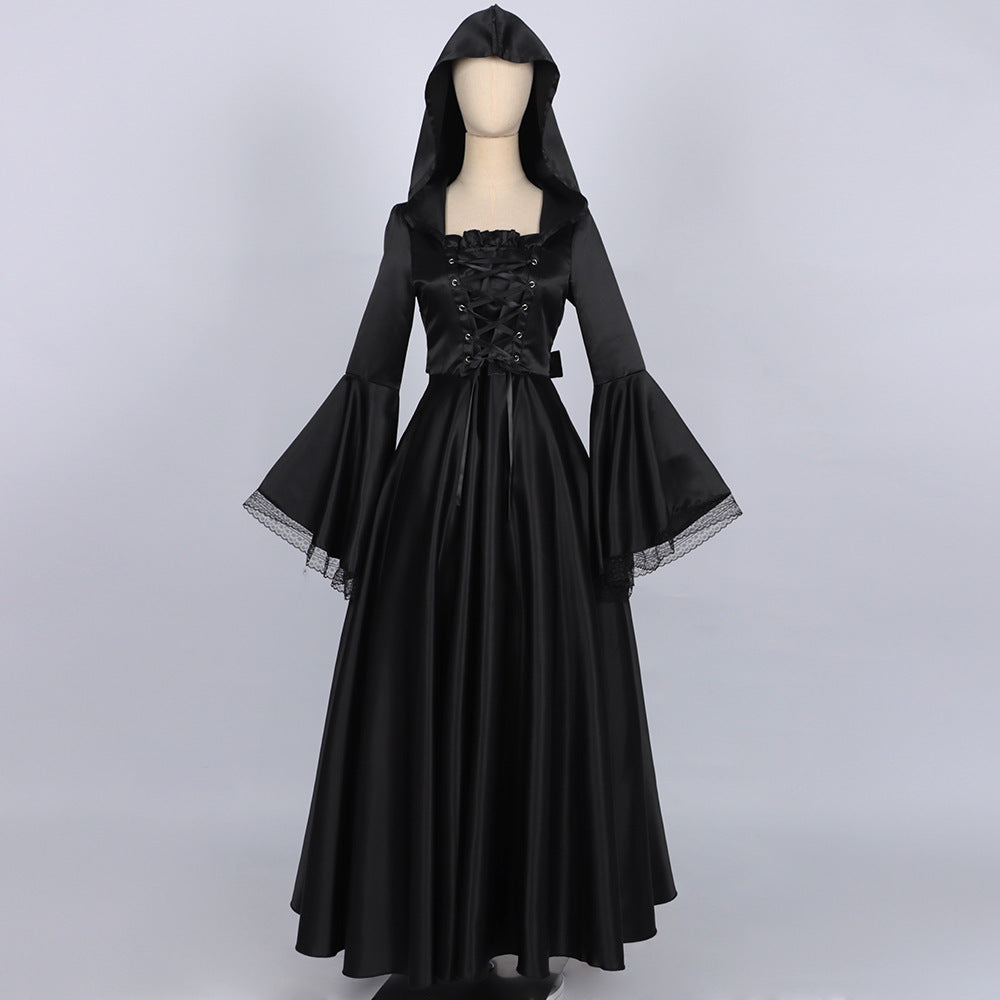 Halloween Women Medieval Gothic Hooded Witch Cosplay Long Dress