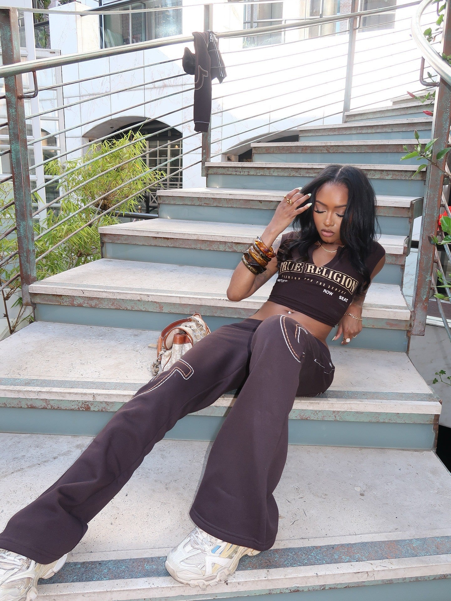 Y2K True Religion Letter Notch Neck Ribbed Crop Tank Top