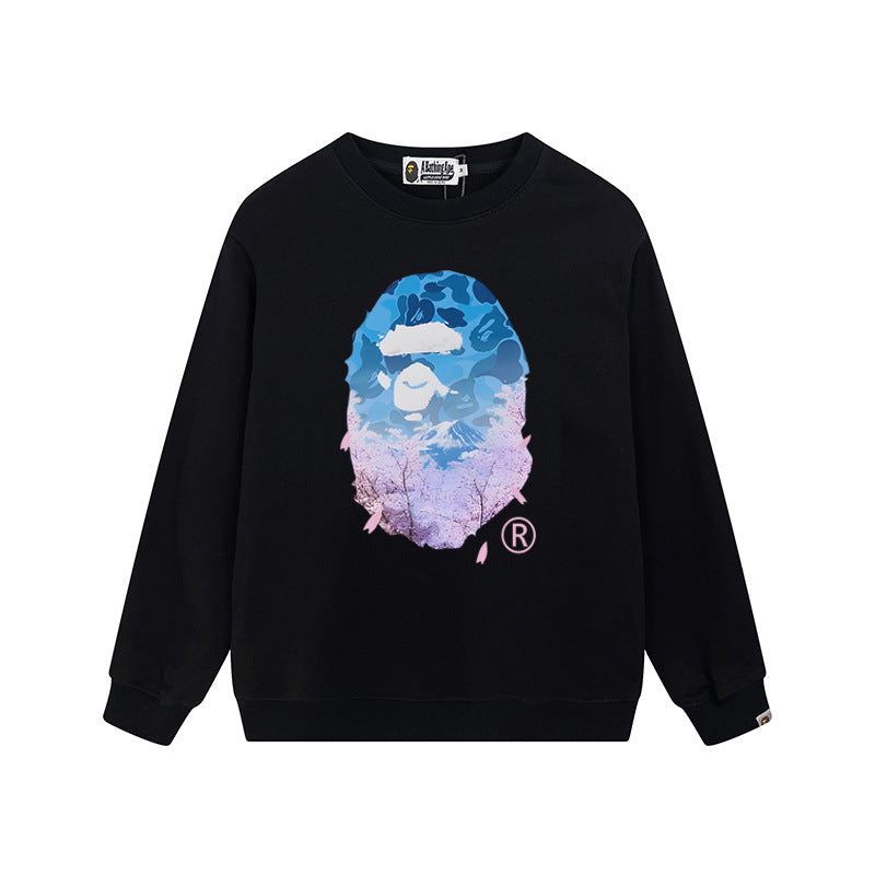 Bape Arch Letter Shark Ape Head Washed Oversized Crewneck Streetwear
