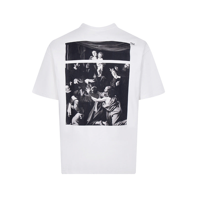 Tape Arrow Graphic Print Streetwear Crew Neck Short Sleeve T Shirt