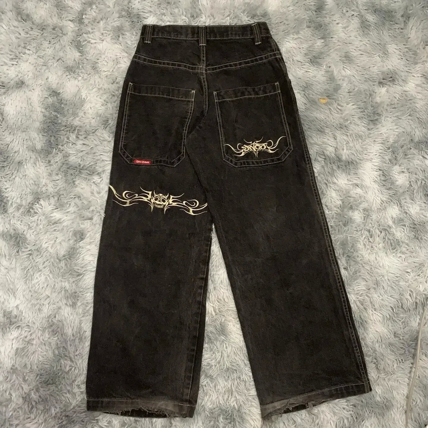 JNCO Style Y2K Baggy Jeans Drachen- & Poker-Stickerei Streetwear Denim-Hose