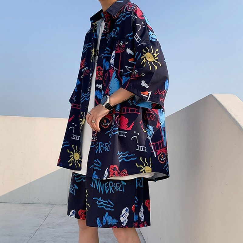 Couple Quick Dry Floral Loose Tropical Beach Shirt Shorts Set
