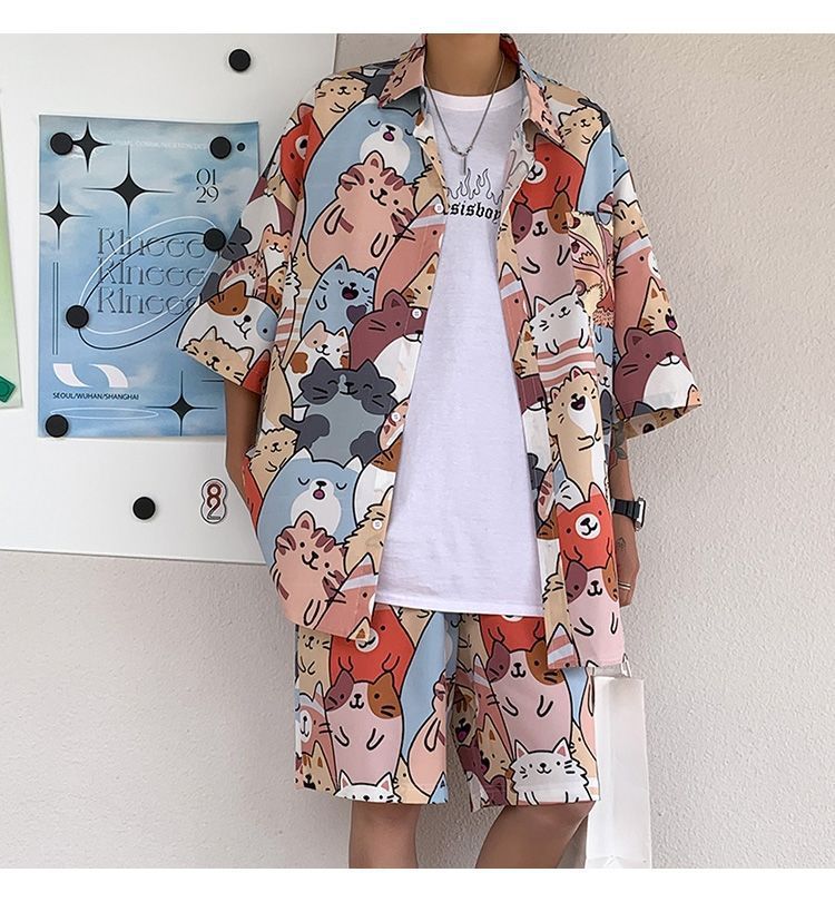 Couple Quick Dry Floral Loose Tropical Beach Shirt Shorts Set