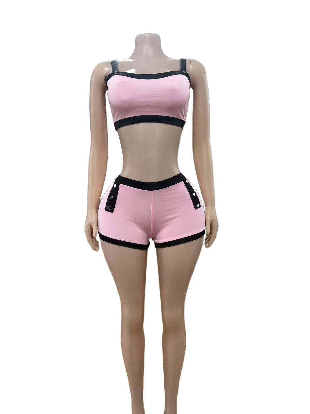 Color Block Spaghetti Strap Crop Top Biker Shorts 2 Piece Set Women