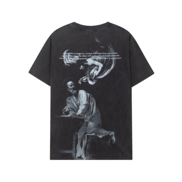 Washed Vintage Black Oil Painting Crew Neck Short Sleeve T Shirt