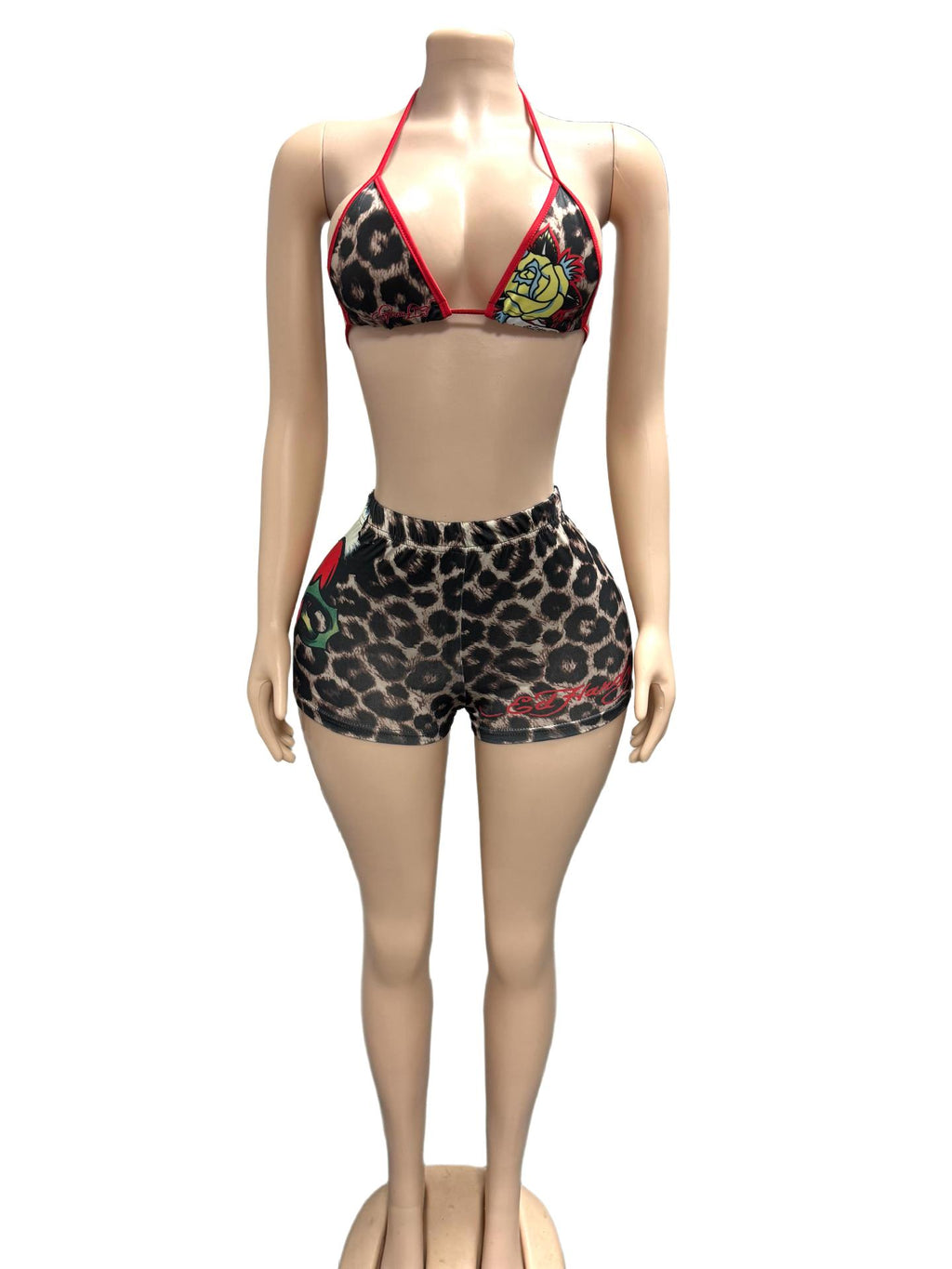 Leopard Rose Print Halter Sexy 2 Piece Shorts Set Women Club Outfit