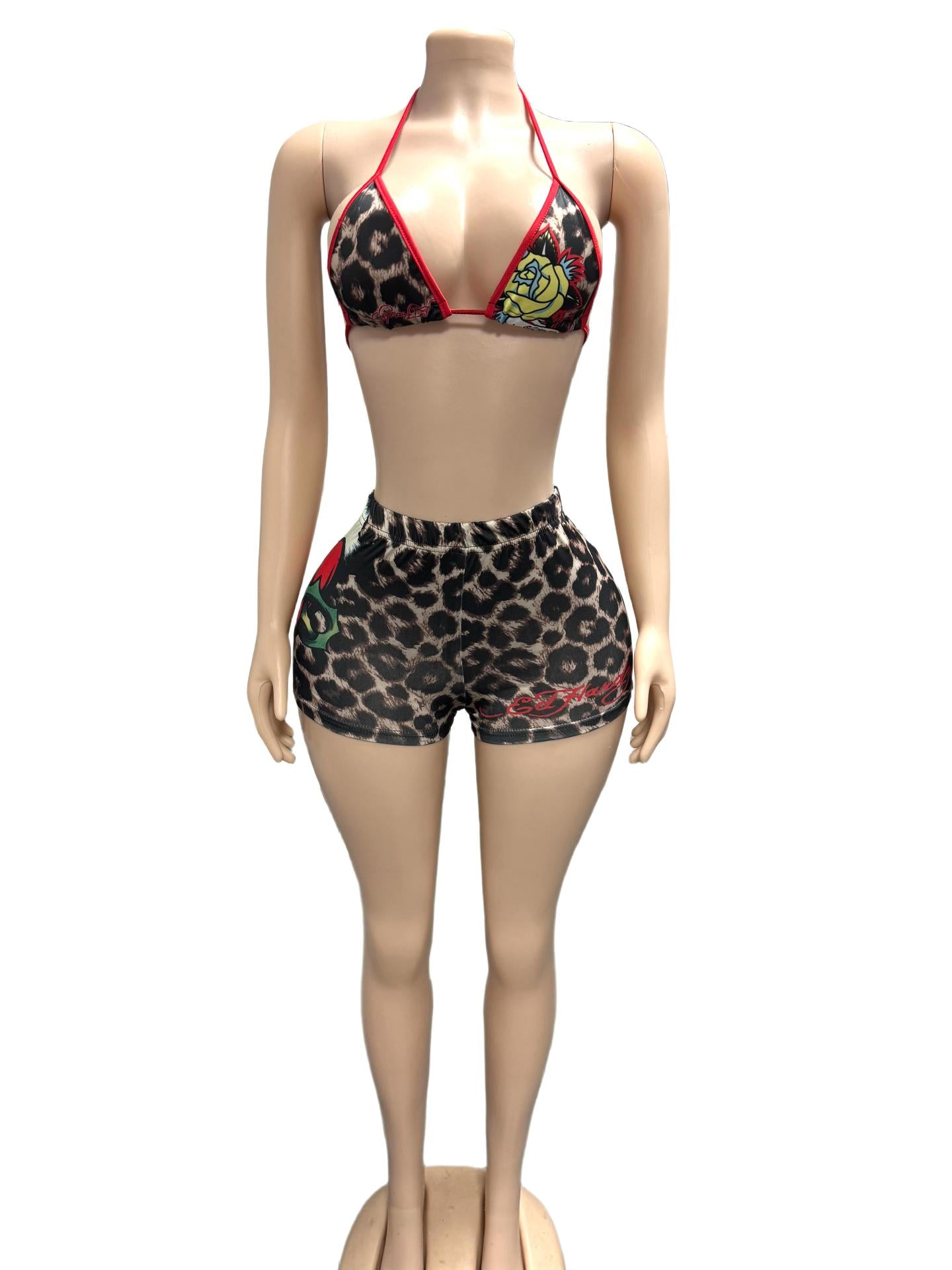 Leopard Rose Print Halter Sexy 2 Piece Shorts Set Women Club Outfit