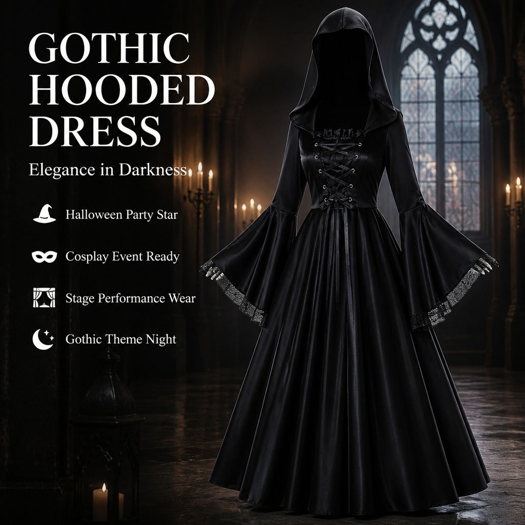 Halloween Women Medieval Gothic Hooded Witch Cosplay Long Dress