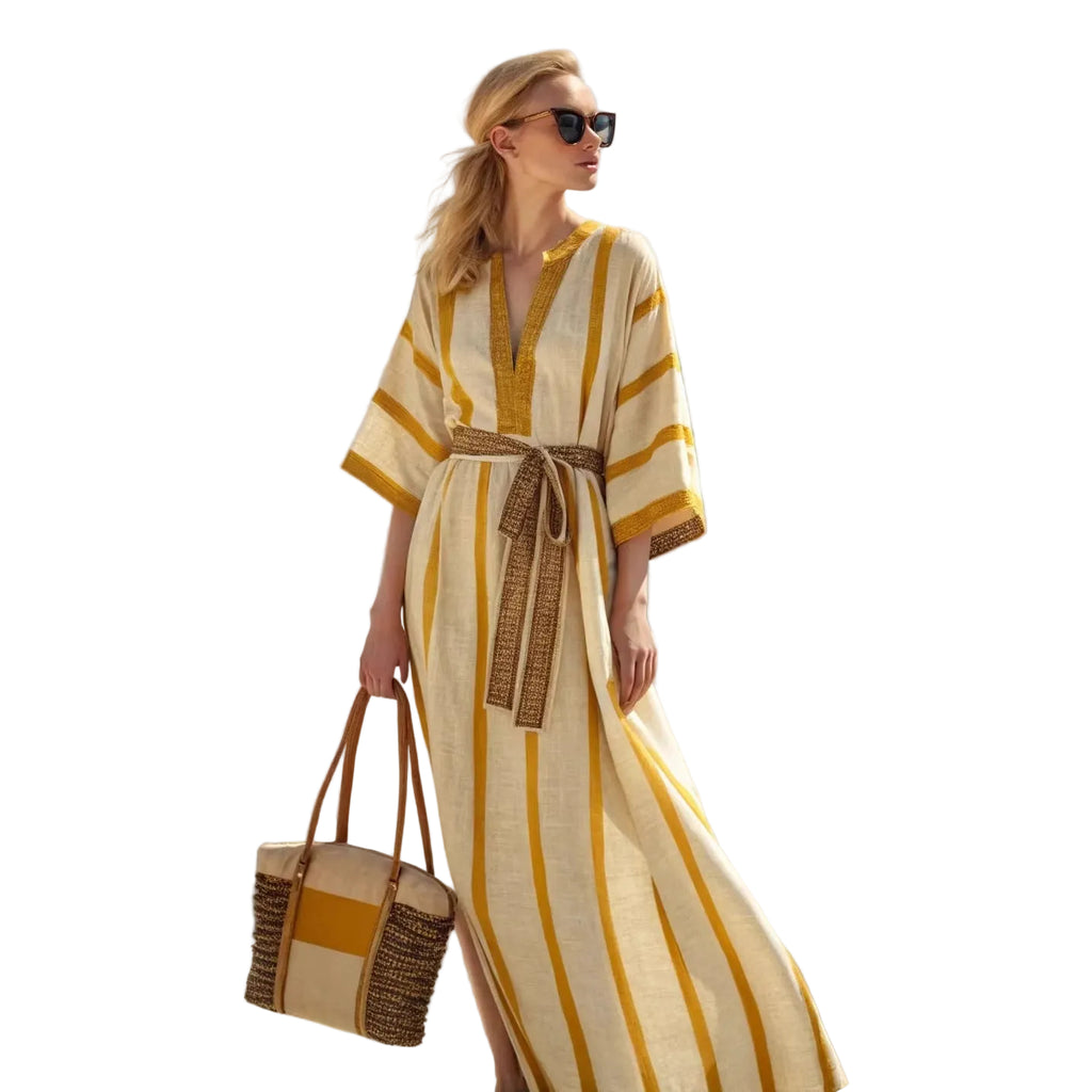 Boho Striped Belted Kaftan Maxi Beach Cover Up