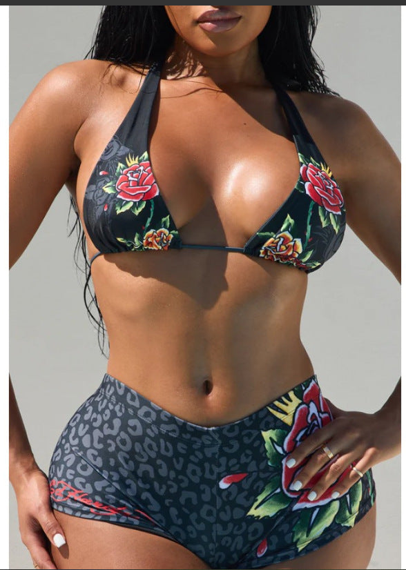 Leopard Rose Print Halter Sexy 2 Piece Shorts Set Women Club Outfit