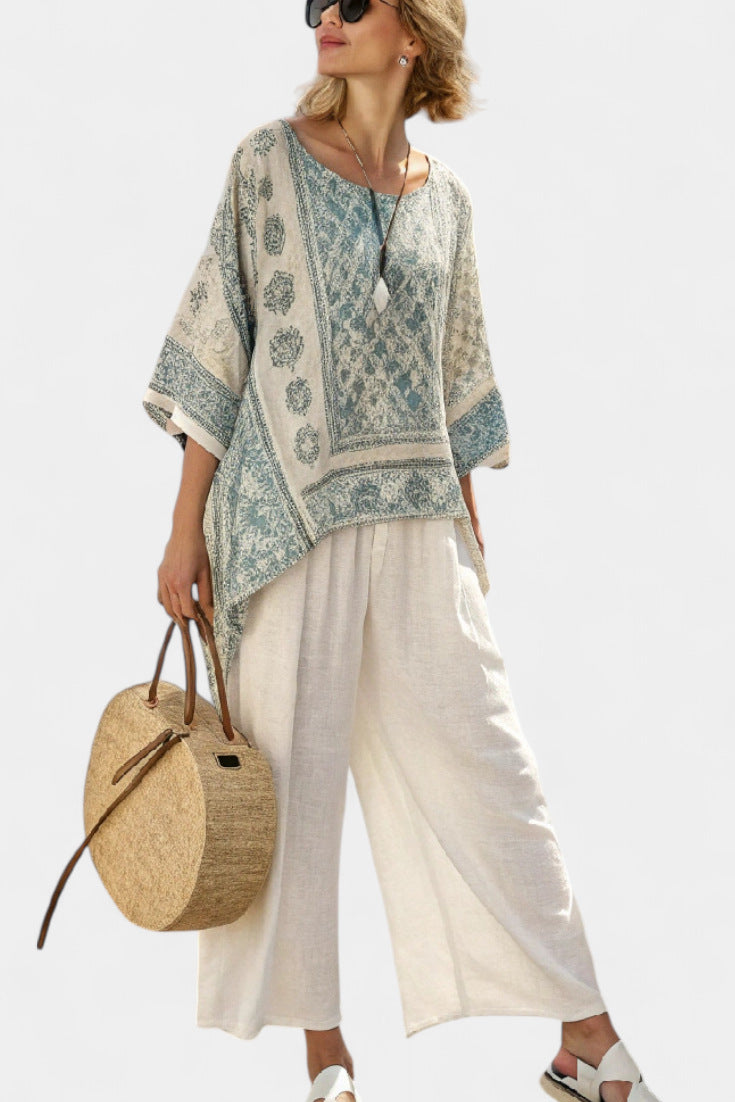 Women European Boho Striped Plus Size Loose Kaftan Beach Vacation Set