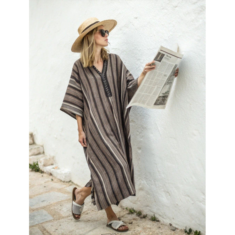 Women Boho Floral Border Print V Neck Loose Kaftan Maxi Beach Dress