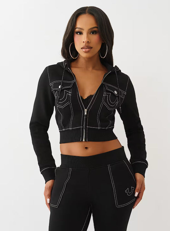 Y2K True Religion Contrast Stitch Embroidery Crop Hoodie 2 Piece Set