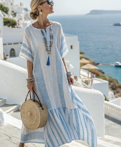 Women Boho Floral Border Print V Neck Loose Kaftan Maxi Beach Dress