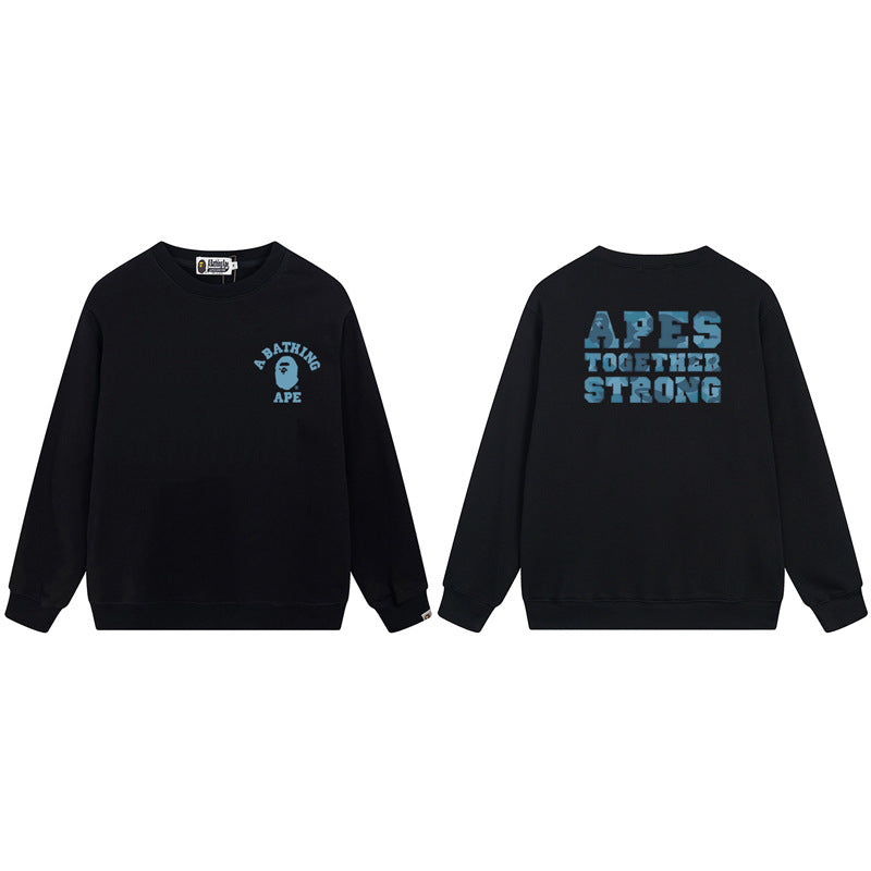 Bape Arch Letter Shark Ape Head Washed Oversized Crewneck Streetwear