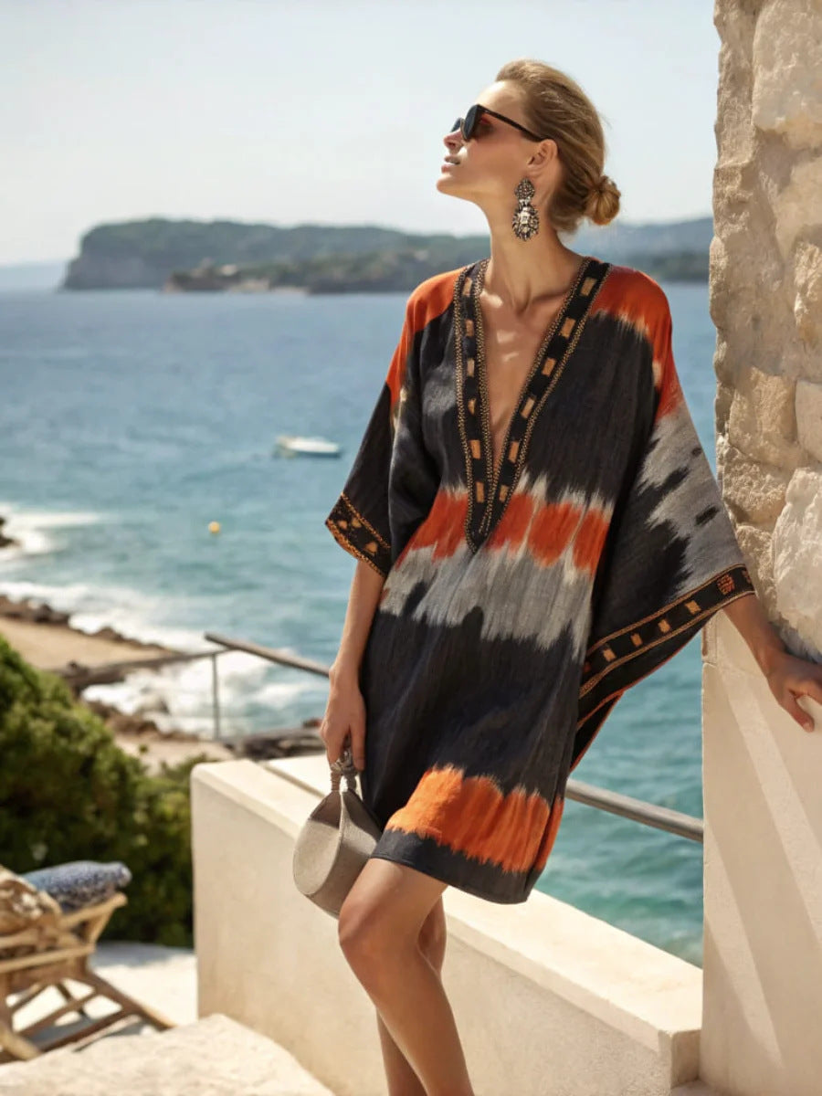 Women Boho Vertical Striped V Neck Loose Short Kaftan Beach Dress