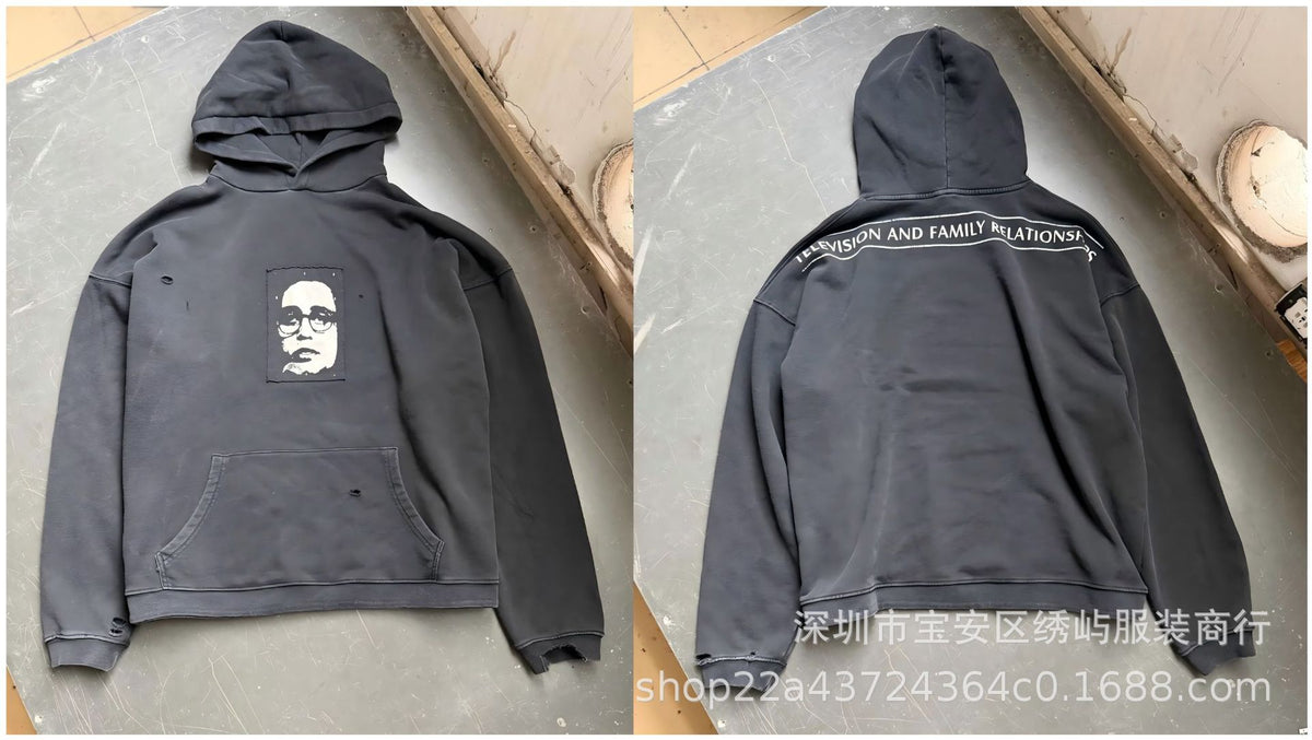 ERD Distressed Photo Letter Print Hoodie Vintage Cotton Pullover