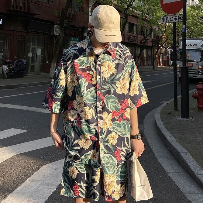 Couple Quick Dry Floral Loose Tropical Beach Shirt Shorts Set