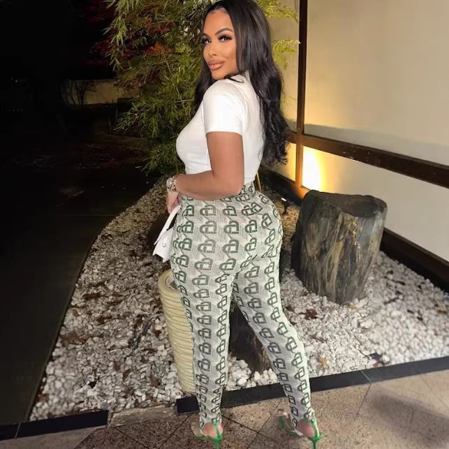 Geometric Print Short Sleeve Crop Top Skinny Pants 2 Piece Set Women