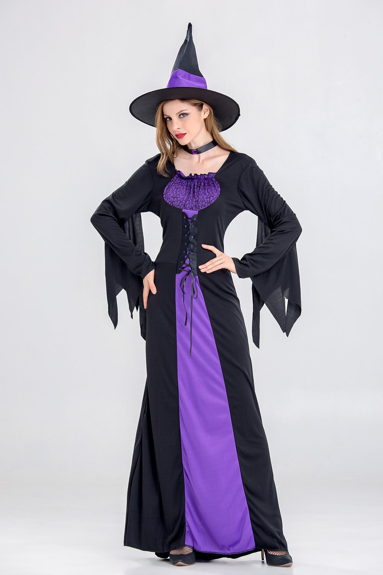 Halloween Women Purple Black Witch Cosplay Long Dress With Hat/Choker