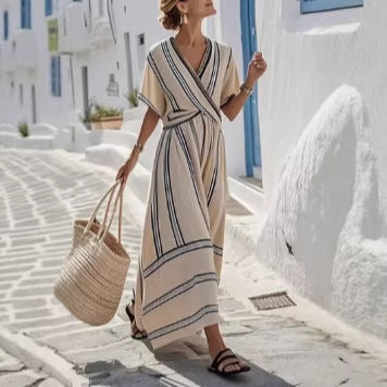 Women Boho Vertical Striped V Neck Wrap Loose Beach Maxi Dress