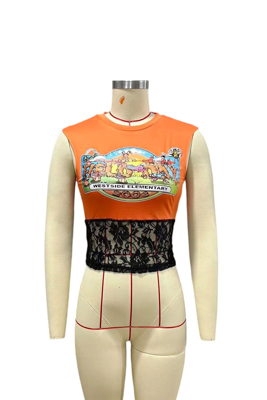 Westside Elementary Cartoon Print Lace Spliced Sleeveless Crop Top Women