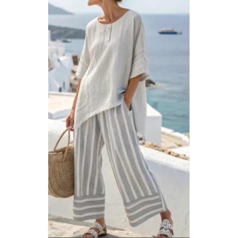 Women Boho Striped Plus Size Loose Kaftan Beach Set