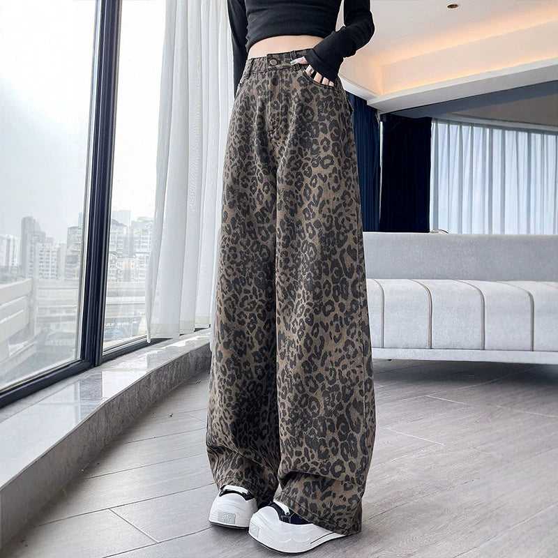 Leopard Print Wide Leg Denim Jeans High Waist Loose Straight Pants