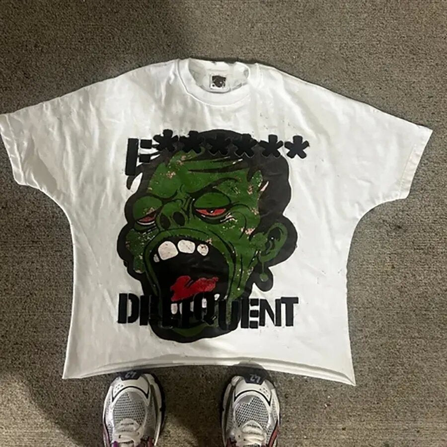 T-Shirt mit Oversized-Vintage-Schnitt und Y2K-Horror-Cartoon-Porträt im Delinquent-Stil aus Baumwolle