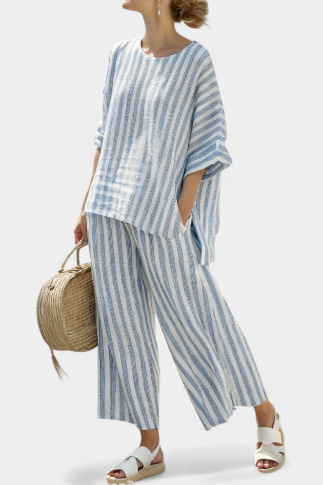 Women European Boho Striped Plus Size Loose Kaftan Beach Vacation Set