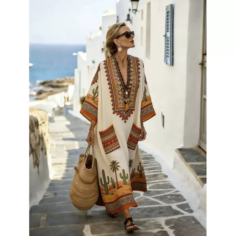 Women Boho Striped V Neck Patch Pocket Loose Kaftan Maxi Beach Dress