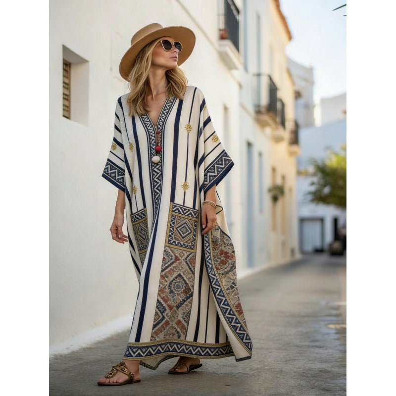 Women Boho Striped V Neck Open Front Loose Kaftan Maxi Beach Dress