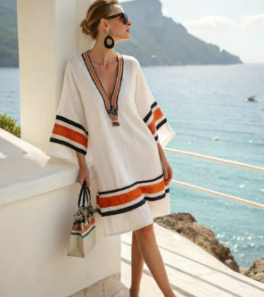 Women Boho Striped V Neck Loose Kaftan Midi Beach Dress