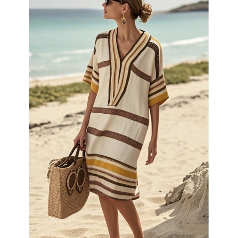 Women Boho Striped V Neck Loose Kaftan Midi Beach Dress