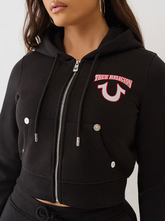Y2K True Religion Horseshoe Logo Zip Crop Hoodie Straight Jogger 2 Piece Set