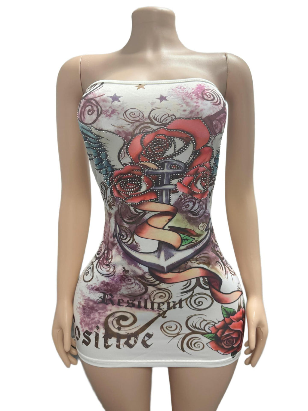 Vintage Tattoo Graphic Print Strapless Bodycon Mini Dress Women