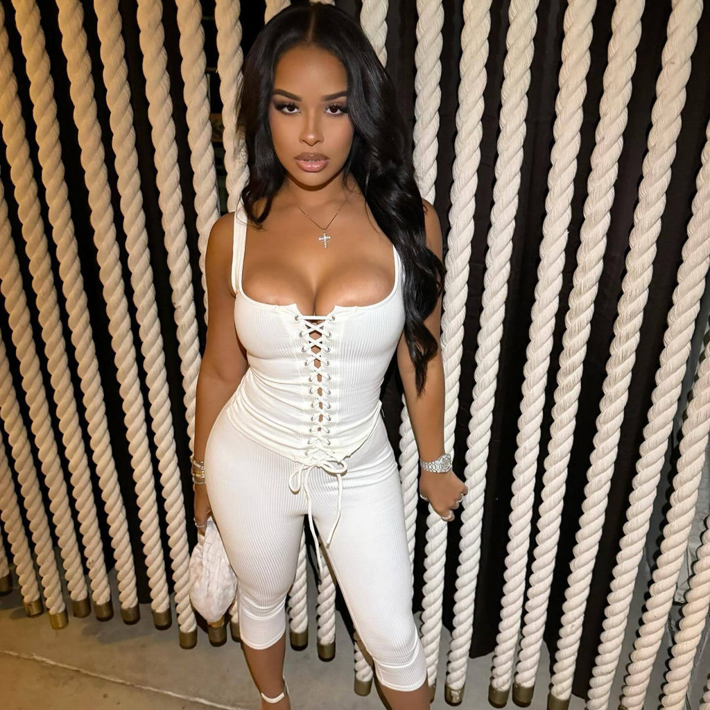 Solid Rib Lace Up Cami Crop Top Capri Leggings 2 Piece Set