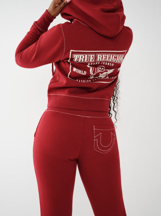 True Religion Vintage Stitch Zip Crop Hoodie Flare Pant Tracksuit Set